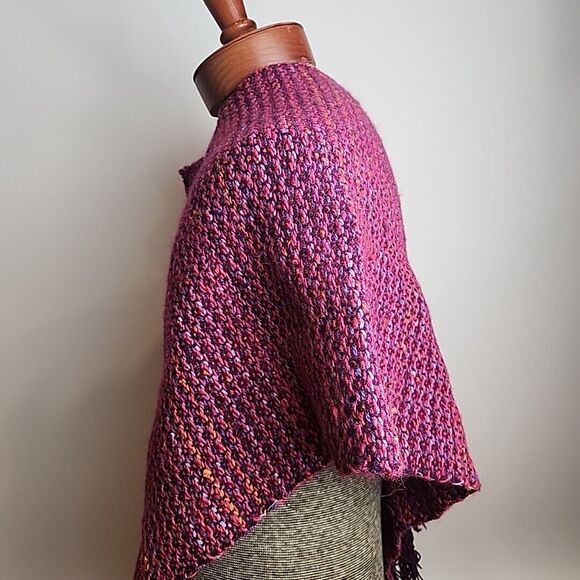 Rustic Handmade Knitted Wool Poncho Wrap Shawl Original Purple Magenta S/M - Picture 11 of 15